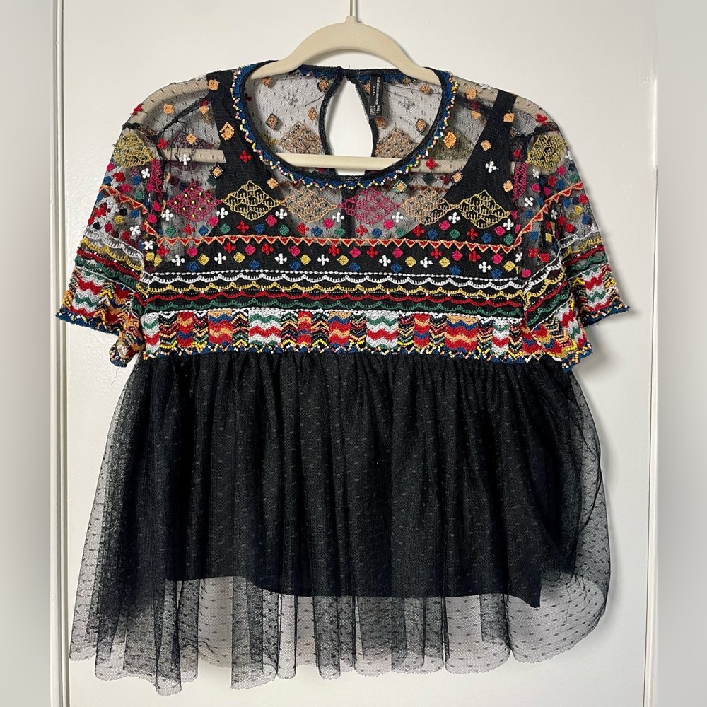 Zara embroided tulle blouse